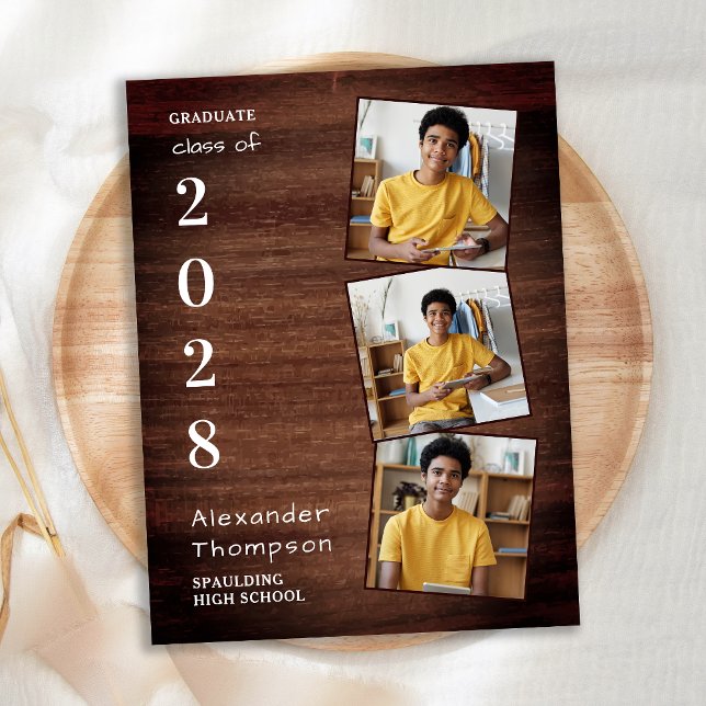 Rustic 3 Photo Collage County Wood Graduation Invitation Postcard (Creator Uploaded)