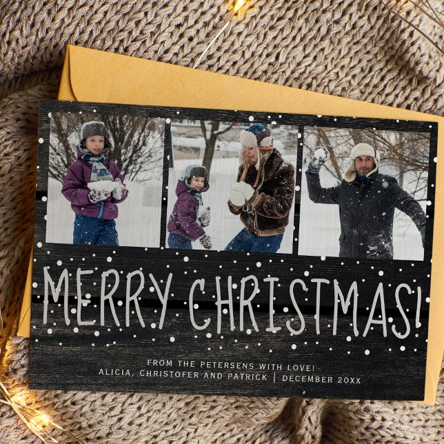 Rustic 3 photo collage wood snow Merry Christmas  Holiday Card (Creator Uploaded)