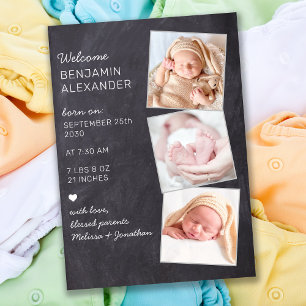 Rustic 3 Photo New Baby Chalkboard Birth Announcement