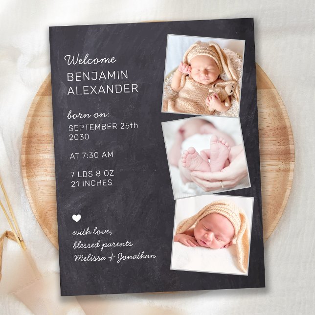 Rustic 3 Photo New Baby Chalkboard Birth Announcement Postcard (Creator Uploaded)