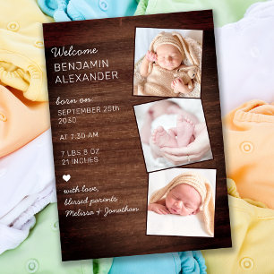 Rustic 3 Photo New Baby Country Wood Birth Announcement