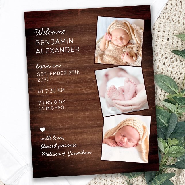 Rustic 3 Photo New Baby Country Wood Birth Announcement Postcard (Creator Uploaded)