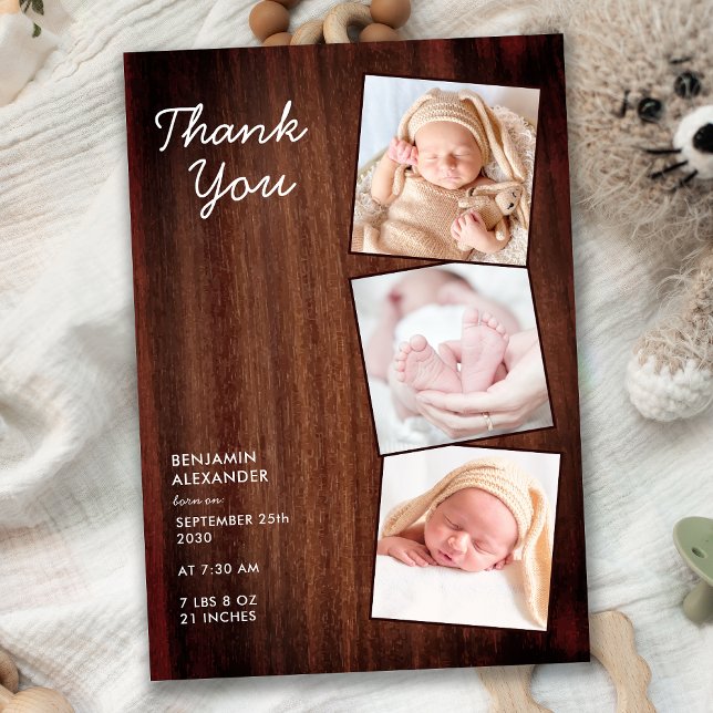 Rustic 3 Photo New Baby Country Wood Shower  Thank You Card (Creator Uploaded)