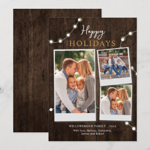 Rustic 3 Photos Wood Look Christmas Holiday Card