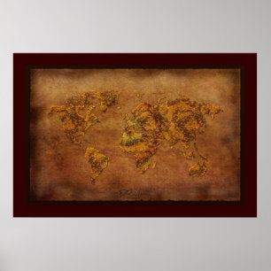 Rustic 3D Rust-tone World Map Art Poster