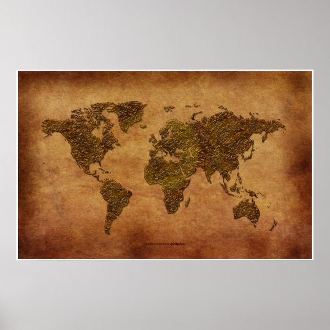Rustic 3D World Map on Parchment-effect Poster (Front)