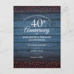 Rustic 40th Anniversary Save the Date Ruby Hearts Postcard