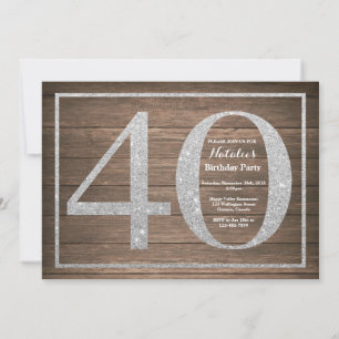 Rustic 40th Birthday Invitation Silver Glitter