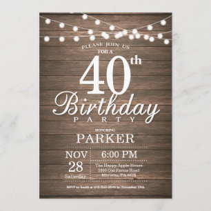 Rustic 40th Birthday Invitation String Lights Wood