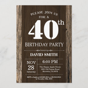 Rustic 40th Birthday Invitation Vintage Wood