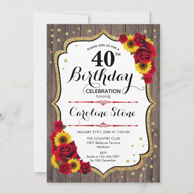 Rustic 40th Birthday - Roses Sunflowers Wood Invitation (Front)