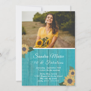 Rustic 50 and Fabulous   Sunflower Teal Birthday Invitation