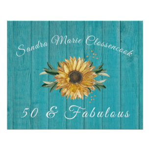 Rustic 50 and Fabulous   Sunflower Teal Birthday   Poster
