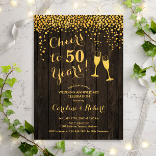 Rustic 50th Anniversary - Cheers to 50 Years Gold Invitation
