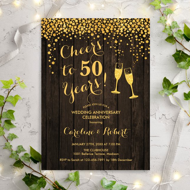 Rustic 50th Anniversary - Cheers to 50 Years Gold Invitation (Creator Uploaded)