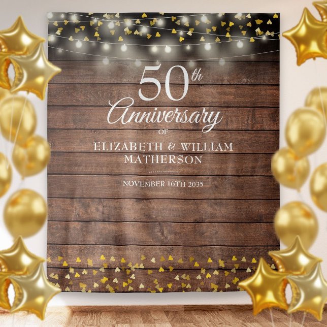 Rustic 50th Anniversary Gold Hearts Photo Backdrop Tapestry (Rustic 50th Anniversary Gold Hearts Photo Backdrop)