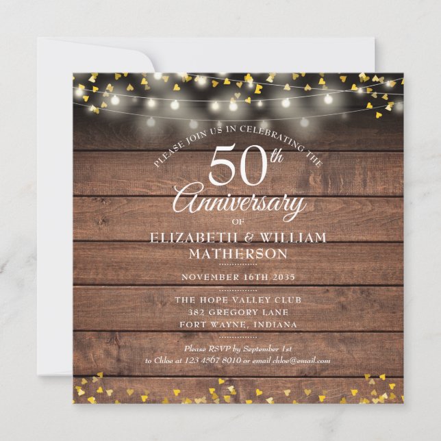 Rustic 50th Anniversary Gold Hearts String Lights Invitation (Front)