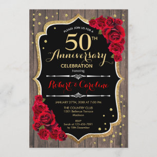 Rustic 50th Anniversary Invitation - Wood Red Gold