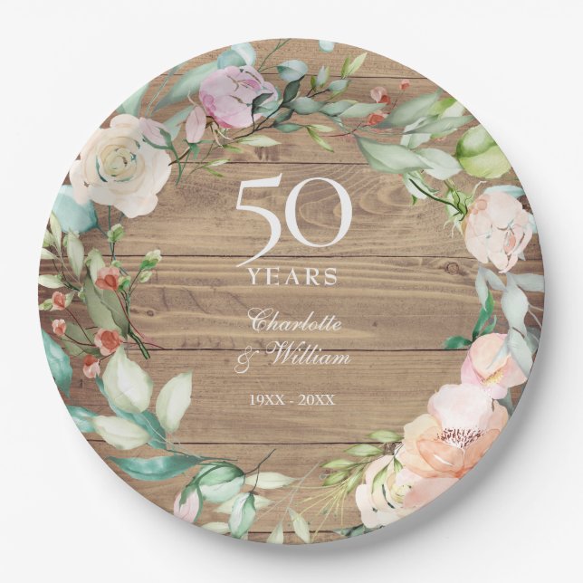 Rustic 50th Anniversary Roses Floral Garland Paper Plate (Front)