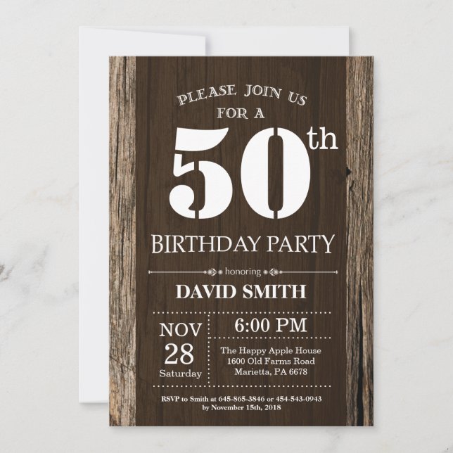Rustic 50th Birthday Invitation Vintage Wood (Front)