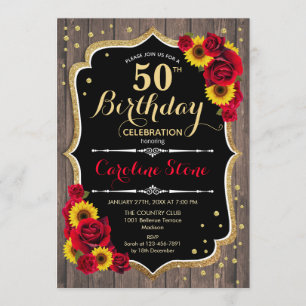 Rustic 50th Birthday - Sunflowers Roses Wood Invitation