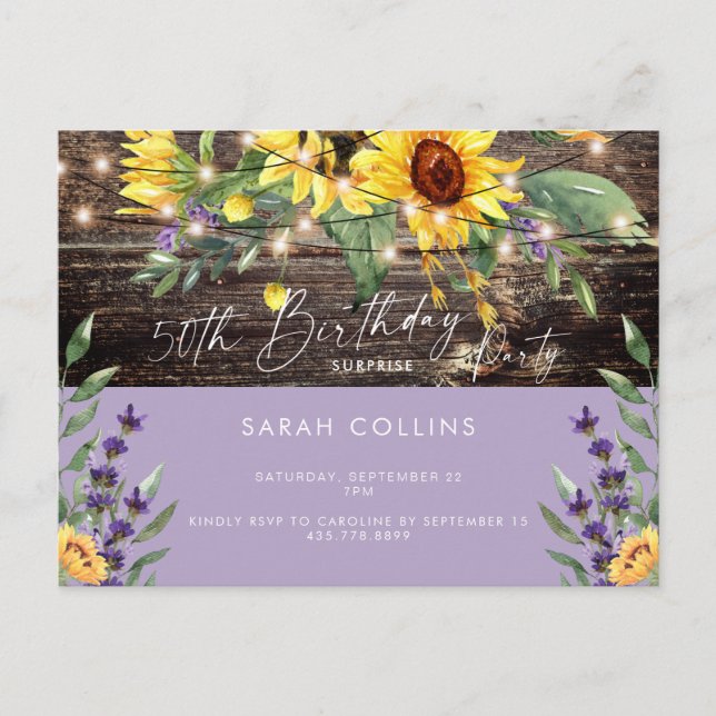 Rustic 50th Birthday Surprise Sunflower Birthday Invitation Postcard (Front)