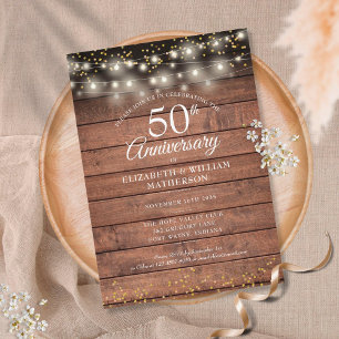 Rustic 50th Wedding Anniversary Gold String Lights Invitation