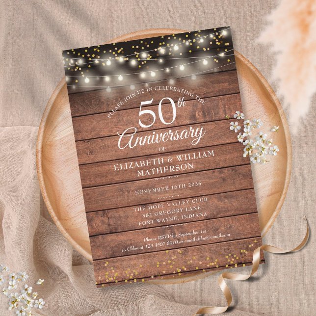 Rustic 50th Wedding Anniversary Gold String Lights Invitation (Rustic 50th Wedding Anniversary Gold String Lights Invitation)