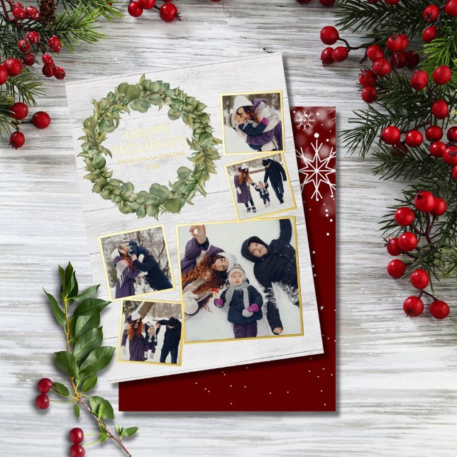 Rustic 5 Photo Collage Greenery Christmas Gold Foil Holiday Card (Creator Uploaded)