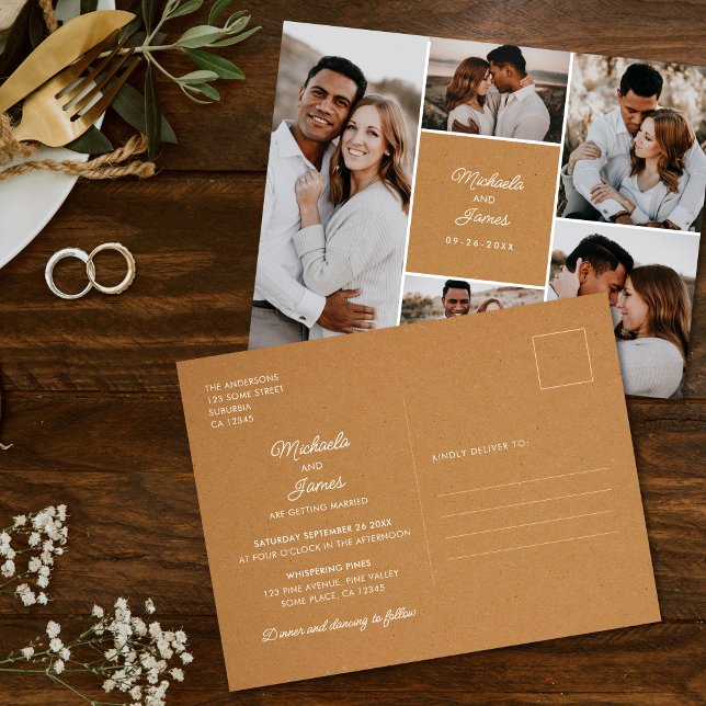 Rustic 5-Photo Faux Kraft Paper Wedding Invitation Postcard (Creator Uploaded)