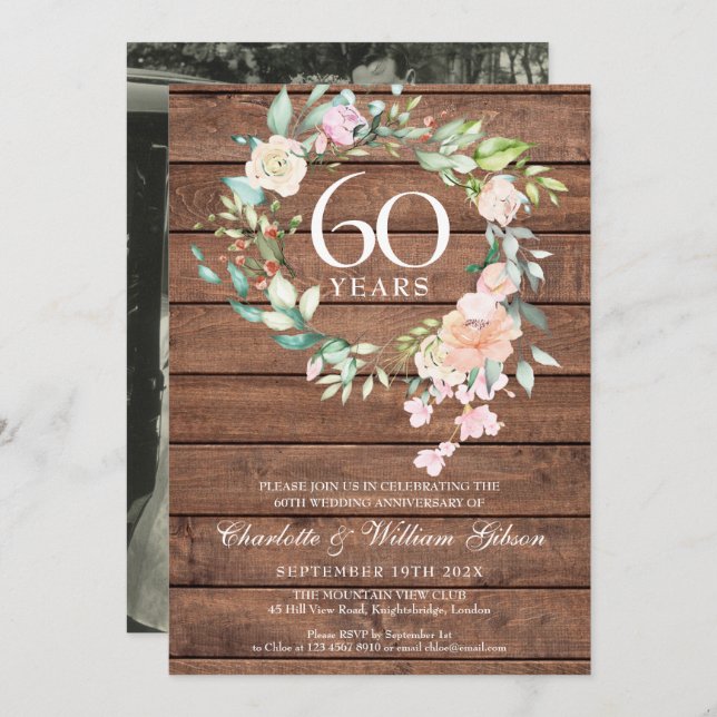 Rustic 60th 75th Anniversary Wedding Photo Floral Invitation (Front/Back)