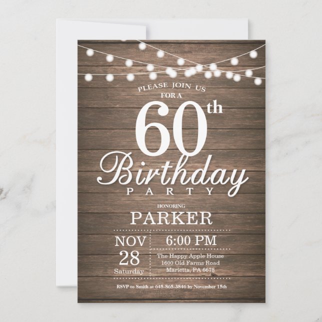 Rustic 60th Birthday Invitation String Lights Wood (Front)