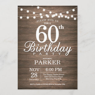 Rustic 60th Birthday Invitation String Lights Wood