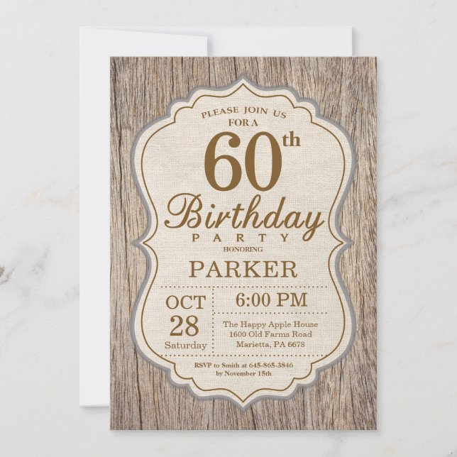 Rustic 60th Birthday Invitation Wood (Front)