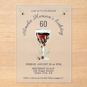 Rustic 60th Birthday Red Wine Birthday Acrylic Invitations