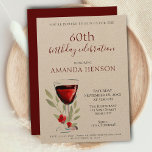 Rustic 60th Birthday Red Wine Surprise Party Kraft Invitation<br><div class="desc">Rustic 60th Birthday Red Wine Surprise Birthday Party Kraft Invitation. 60th birthday party invitation for her or him. Invitation with a red wine glass, roses and twigs on a white background. The text is fully customisable - personalise it with your name, any age - 30th 40th 50th 70th 80th 90th...</div>