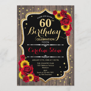 Rustic 60th Birthday - Sunflowers Roses Wood Invitation