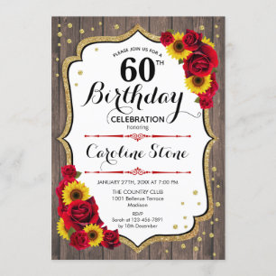 Rustic 60th Birthday - Sunflowers Roses Wood Invitation