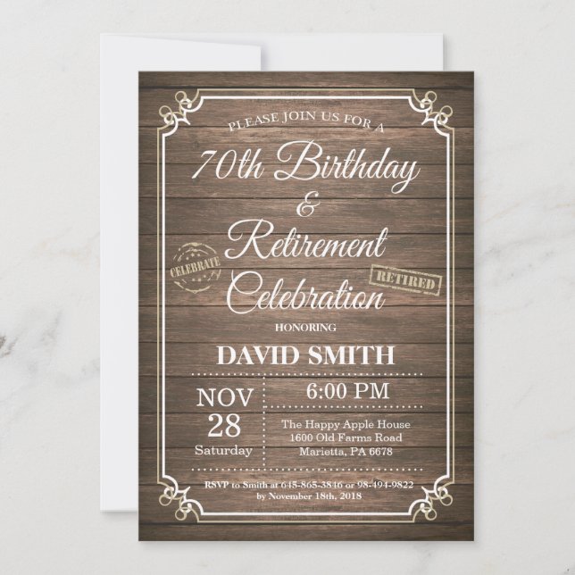 Rustic 70th Birthday and Retirement Party Invitation (Front)