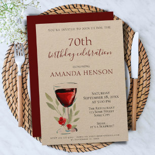 Rustic 70th Birthday Red Wine Surprise Party Kraft Invitation