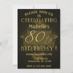 Rustic 80th Birthday Black & Gold Invitation