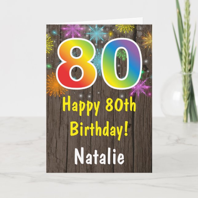 Rustic 80th Birthday Colourful Rainbow Fireworks Card (Front)