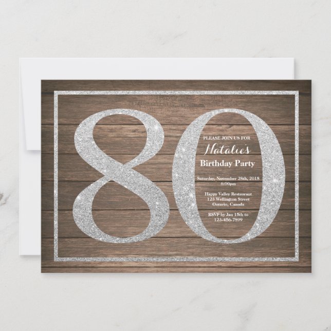 Rustic 80th Birthday Invitation Silver Glitter (Front)
