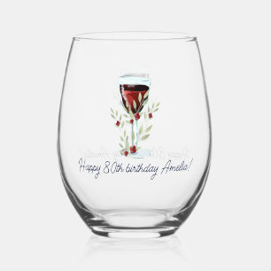 Rustic 80th Birthday Red Wine Foliage Stemless Wine Glass