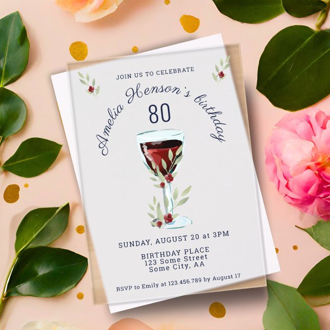 Rustic 80th Birthday Red Wine Glass Birthday Acrylic Invitations (Creator Uploaded)