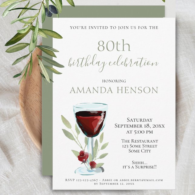 Rustic 80th Birthday Red Wine Surprise Party Invitation (Creator Uploaded)