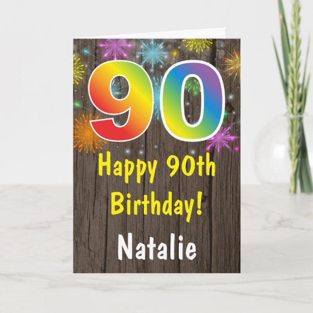 Rustic 90th Birthday Colourful Rainbow Fireworks Card (Front)