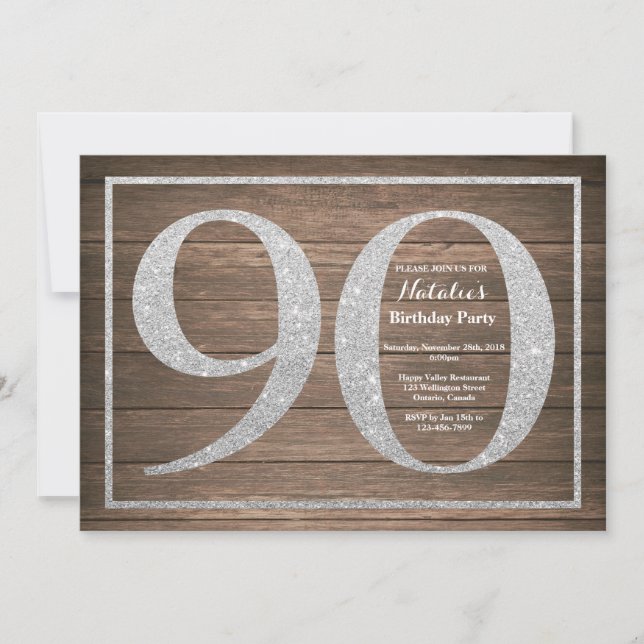Rustic 90th Birthday Invitation Silver Glitter (Front)
