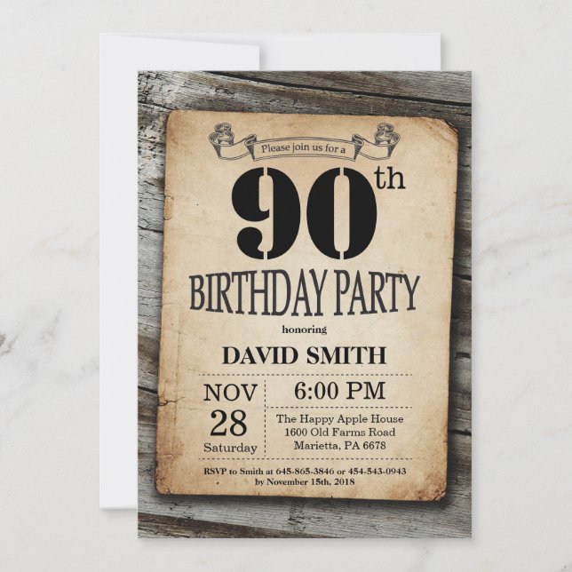Rustic 90th Birthday Invitation Vintage Wood (Front)