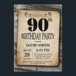 Rustic 90th Birthday Invitation Vintage Wood<br><div class="desc">Rustic 90th Birthday Invitation with Rustic Wood Background. Vintage Retro Country. Adult Birthday. Male Men or Women Birthday. Kids Boy or Girl Lady Teen Teenage Bday Invite. 13th 15th 16th 18th 20th 21st 30th 40th 50th 60th 70th 80th 90th 100th. Any Age. For further customisation, please click the "Customise it"...</div>
